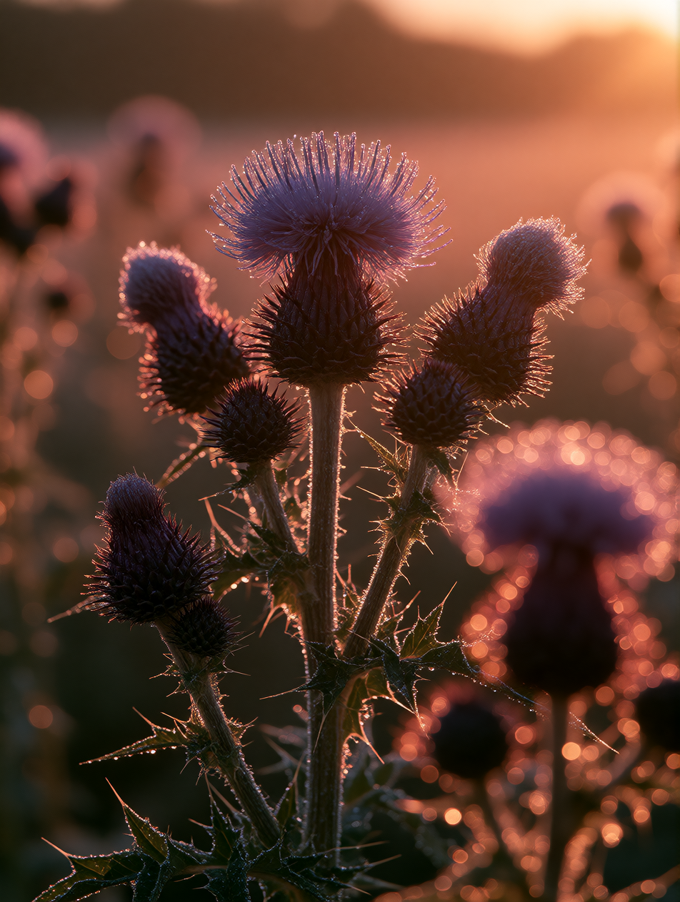 thistle at golden hour, holding the light like it matters.