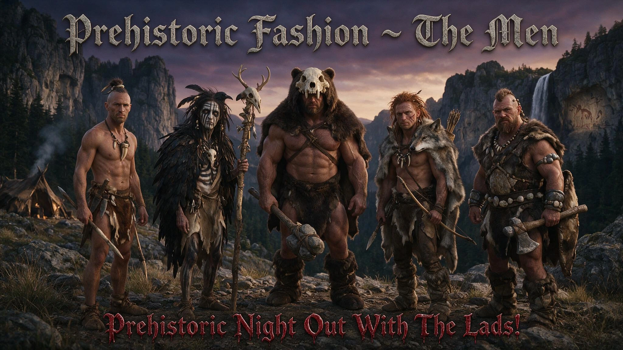 Title: Prehistoric Fashion ~ The Men (Written in Gothic Stone Effect Lettering) A group of five Caucasian Cavemen each unique in height, weight, build, fur & hide clothing, hair styles and bone & stone jewellery: Sabretooth; Lean Caucasian Caveman wi