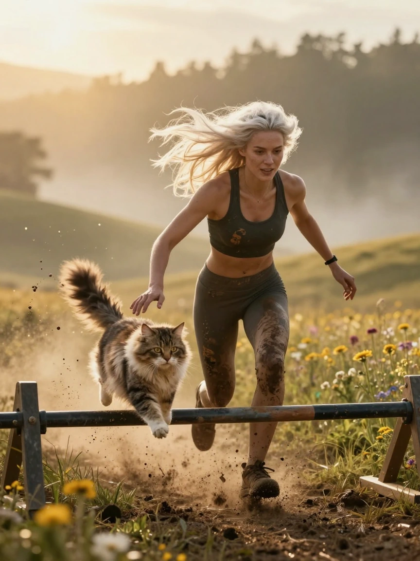 A beautiful athletic woman with windswept platinum-blonde hair races through a Spartan-style obstacle course alongside her loyal fluffy cat. Instead of looking dirty and exhausted, they appear heroic and graceful. The course winds through rolling hil