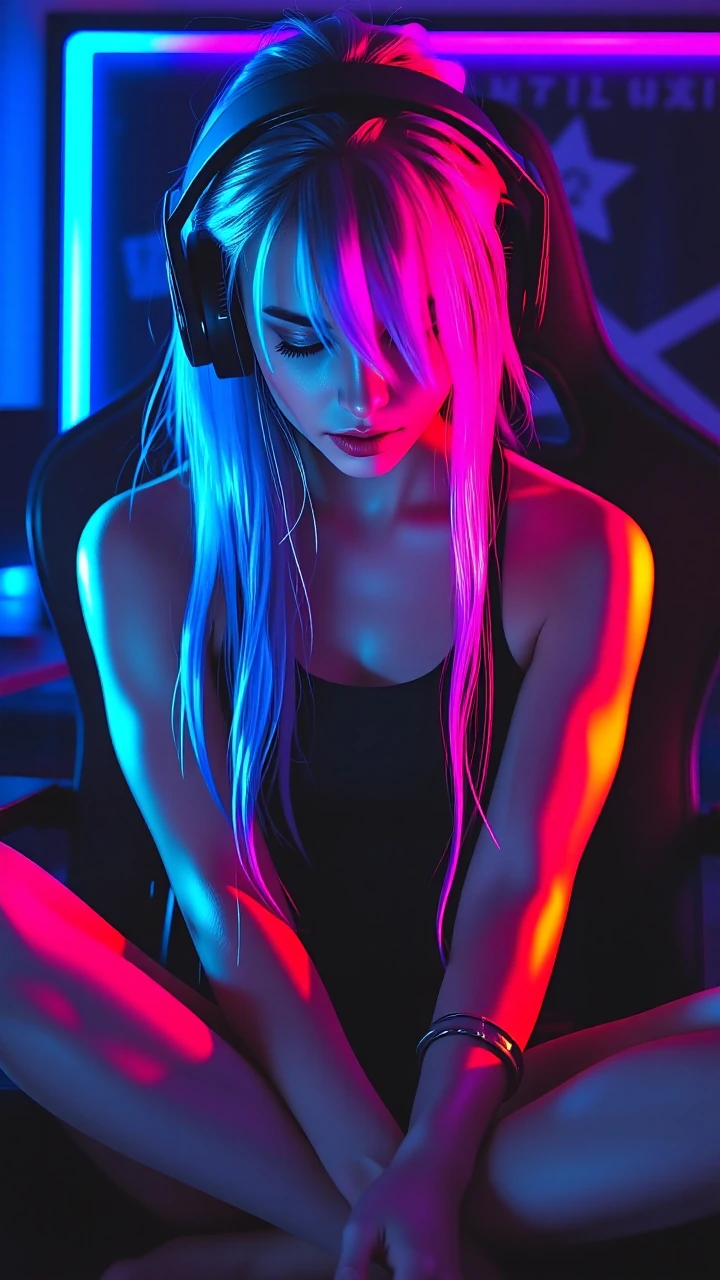 A woman in her 40s with long blue hair and hot-pink streaks swept dramatically across her face, seated cross-legged in a racing-style gaming chair, we