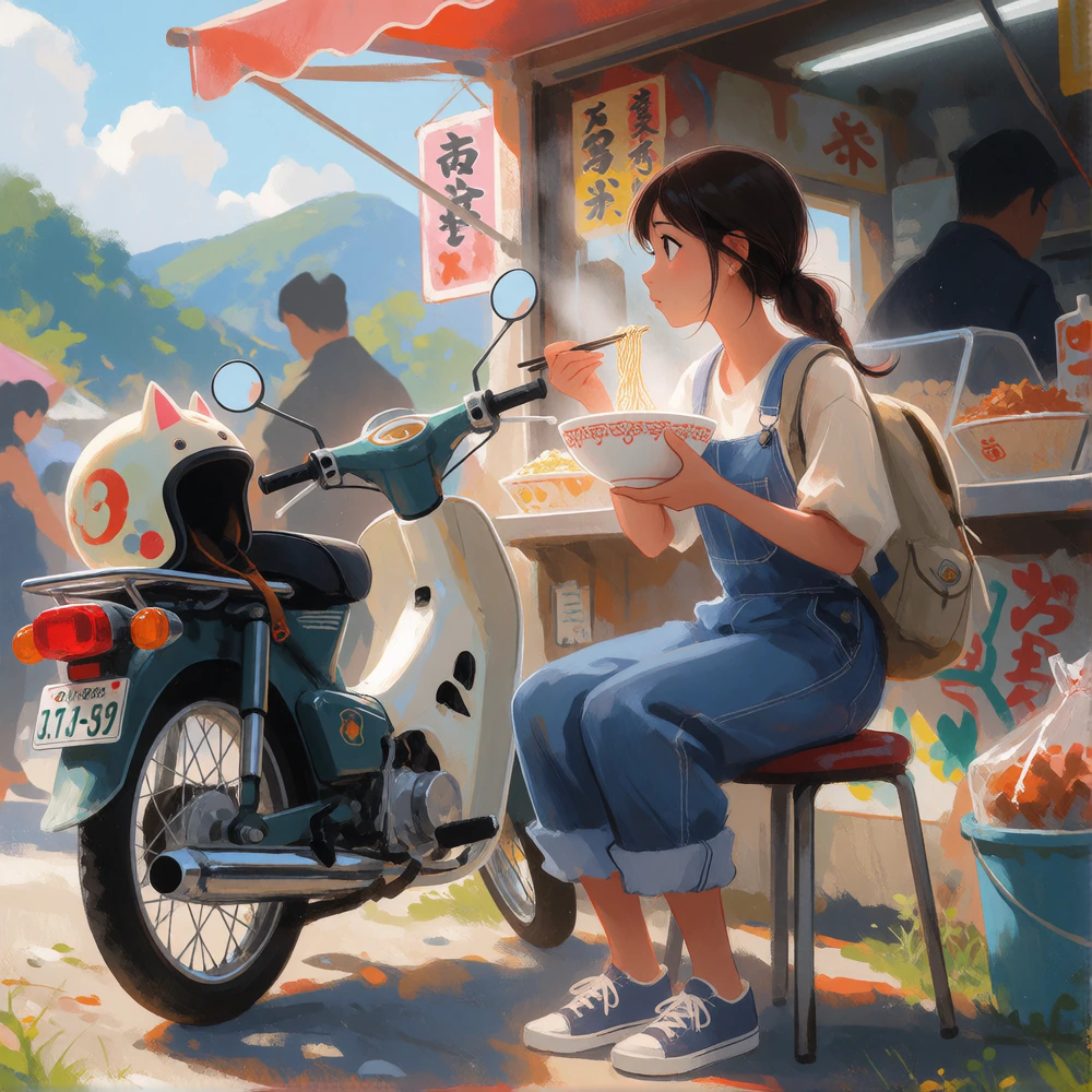 A sunlit cinematic scene of a young woman taking a lunch break at a bustling local roadside food stall. Her vintage moped is parked nearby, with her retro helmet with cat ear decoration resting on the seat. She is sitting on a simple stool in front o