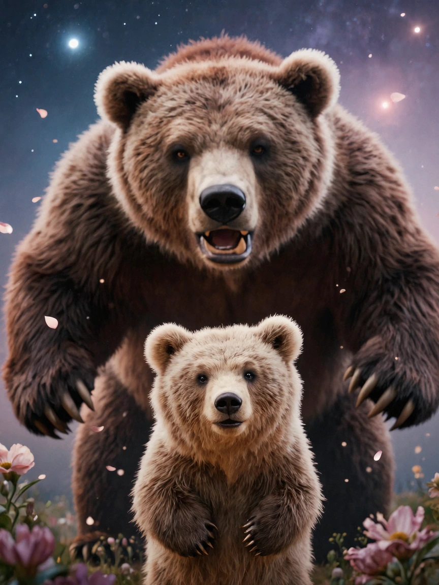 A tiny adorable bear cub in the foreground beside a colossal bear titan, in a realistic 3D photography blend with cinematic detail. The cub is fluffy, sweet, and expressive, with soft natural fur, glossy eyes, and a gentle pose. The titan bear towers
