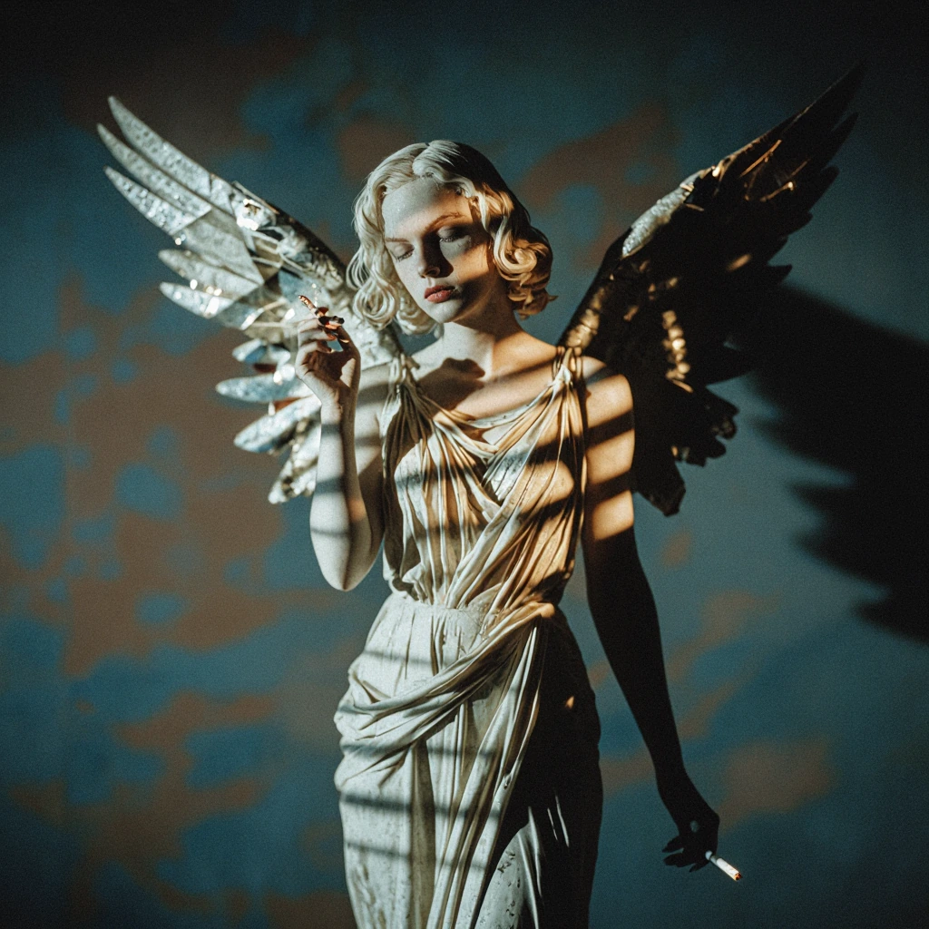Sculpted blonde angel figure with geometric Art Deco wings, standing in stark chiaroscuro — hard shadows cast across her face and body from a single overhead light source — wearing a draped classical gown. Film noir Americana: cigarette-lit dimly in