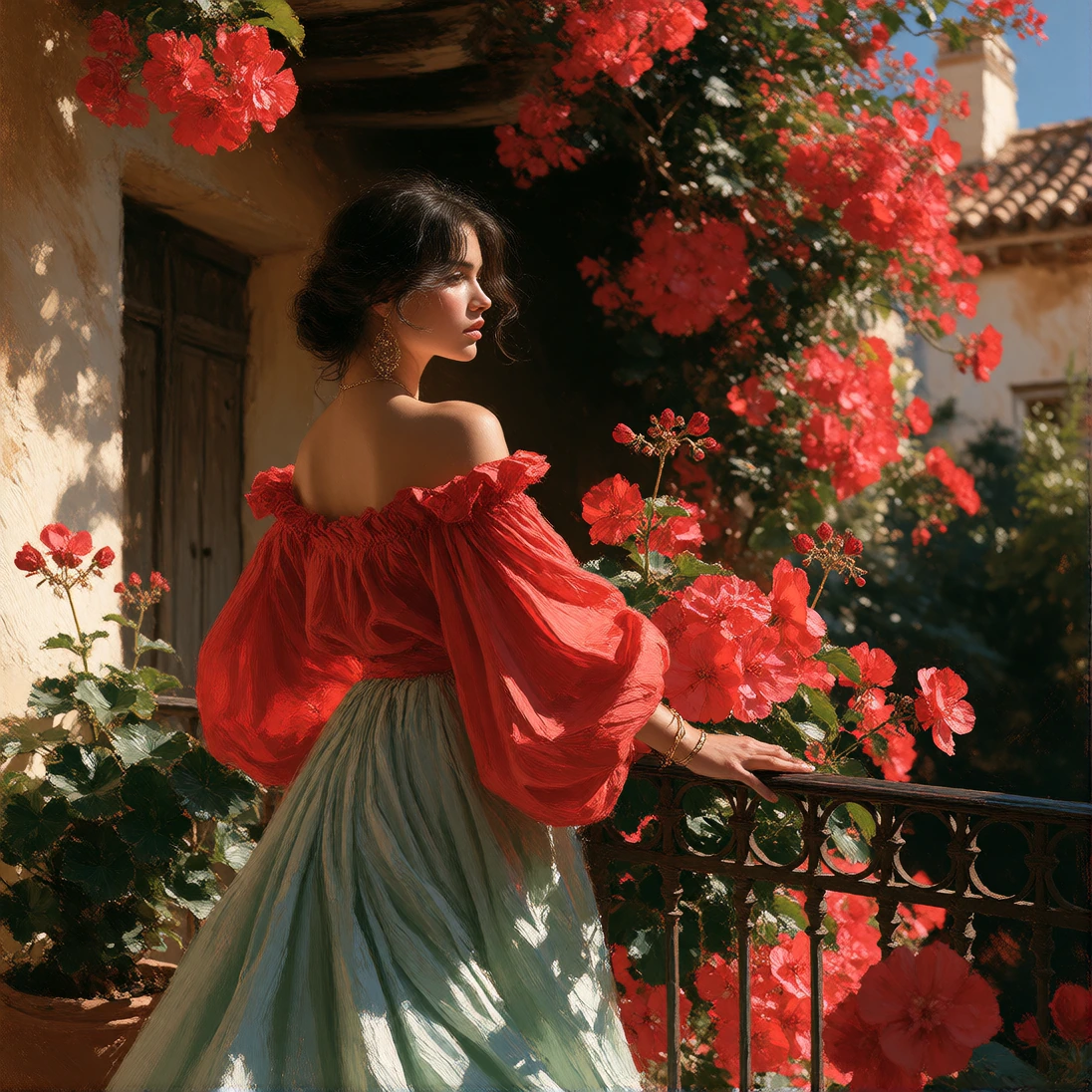 zidiusArt, Create a romantic, oil‑painting style portrait inspired by the works of Richard S. Johnson. Depict a young woman standing on a balcony in a sun‑drenched Mediterranean courtyard. She gazes thoughtfully into the distance, her profile illumin