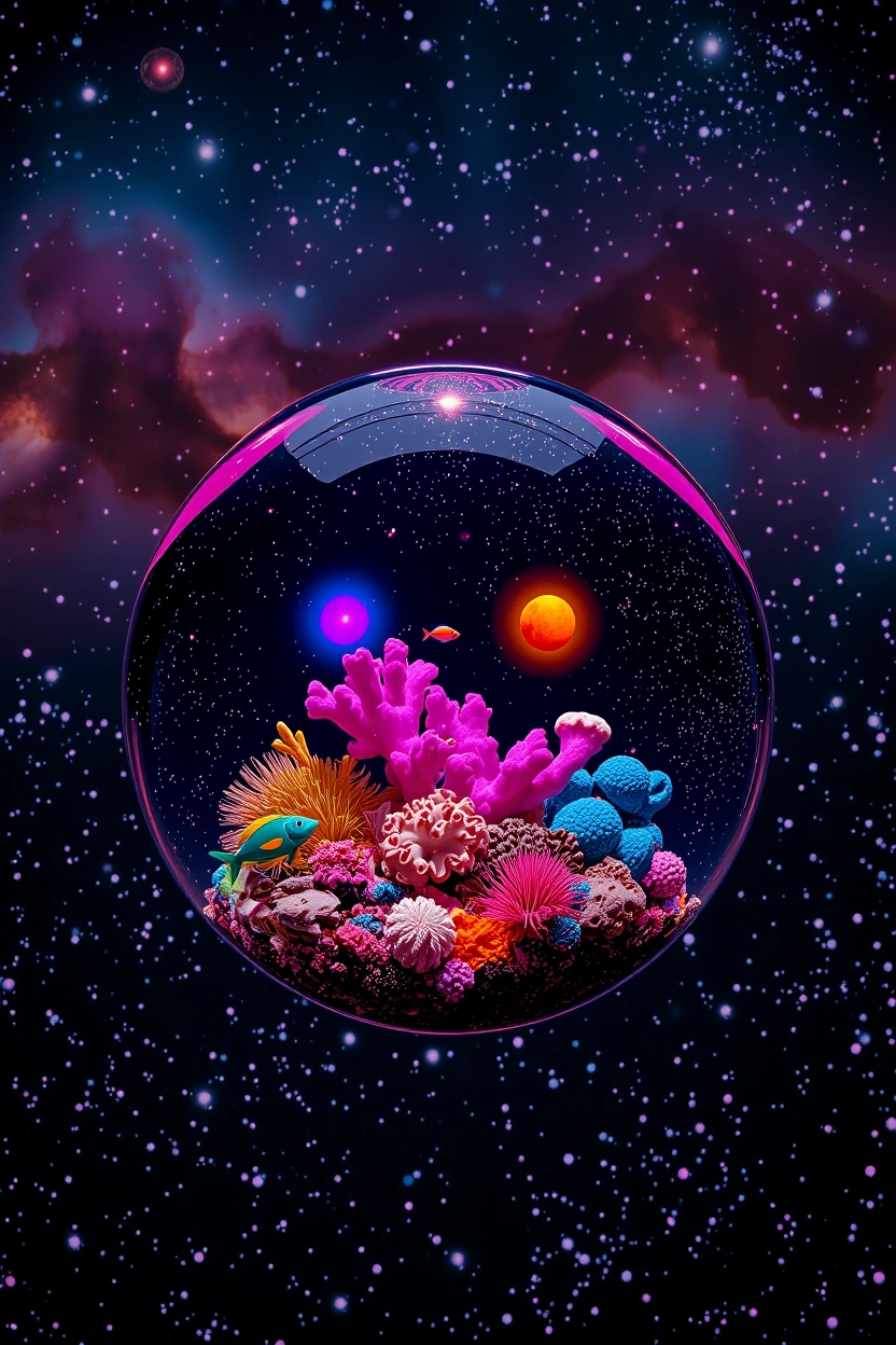 A miniature ocean contained within a single crystalline sphere floating in deep space, surrounded by bioluminescent coral and tiny phosphorescent fish