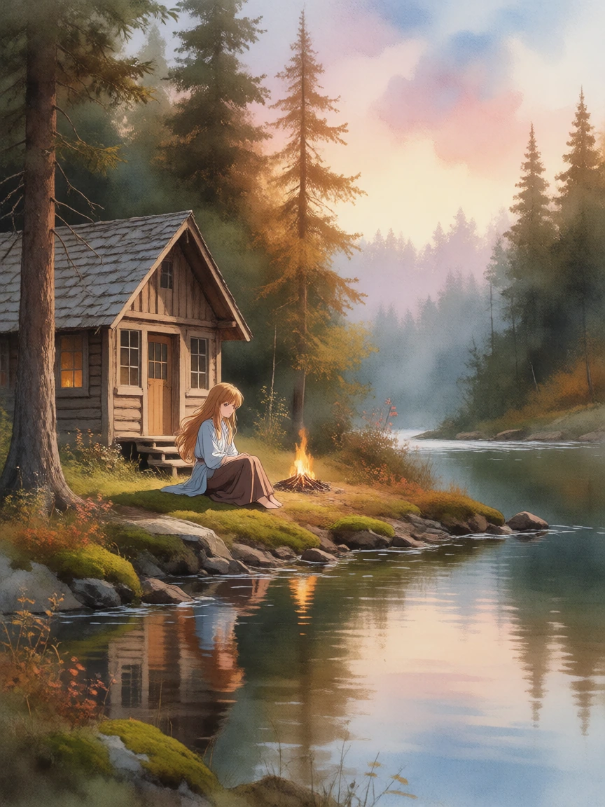bob ross style painting of anime woman sitting near a cabin in forest by a lake