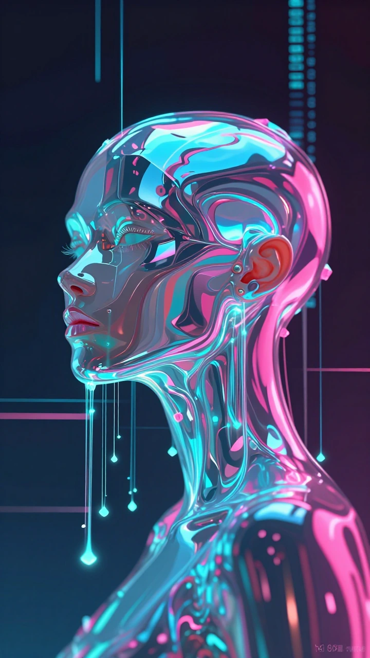 A surreal cyberpunk entity morphing out of liquid neon and holographic data streams. A biomechanical face made of iridescent glass and light trails, dissolving into floating geometries and glowing fiber optic threads. Dark, moody techno-organic backg
