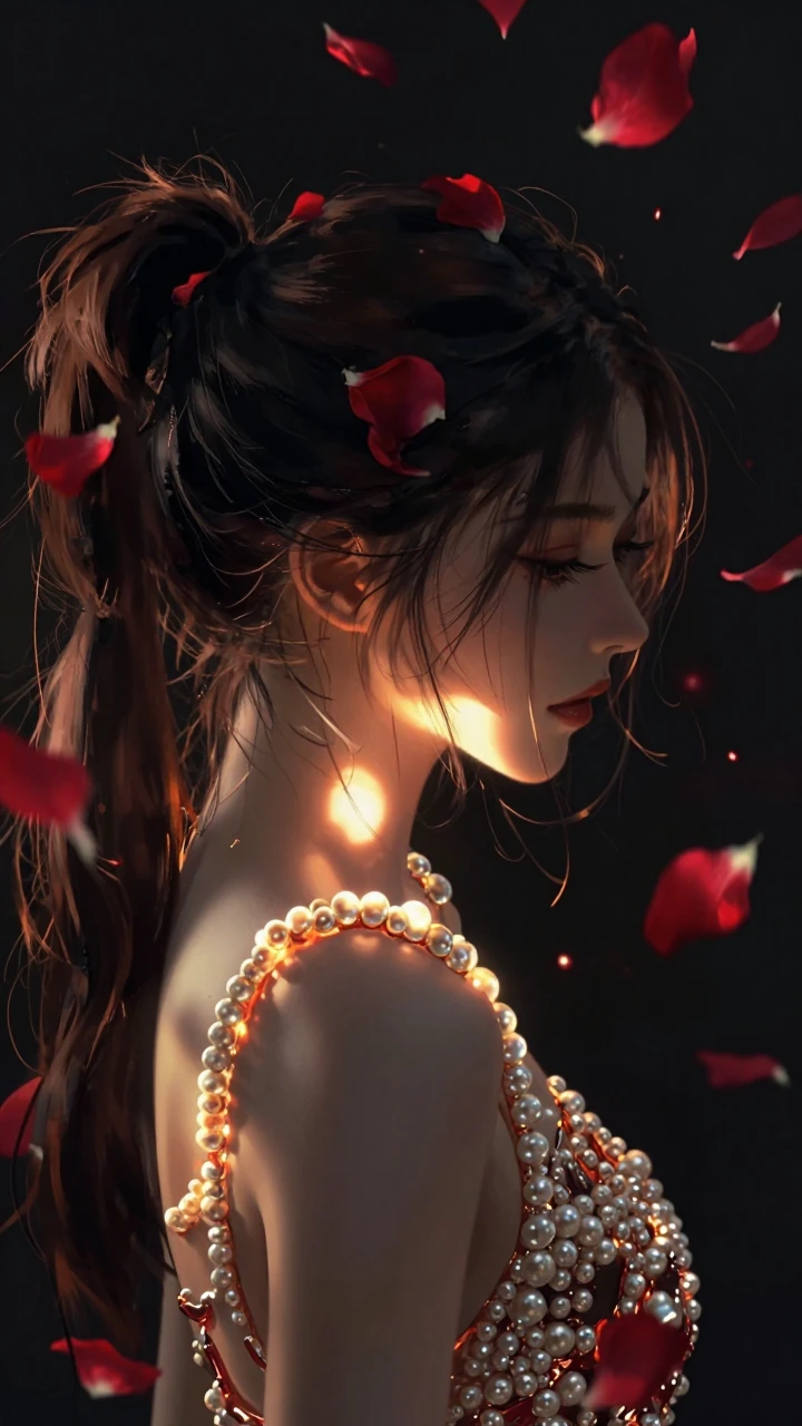Brunette Woman with high ponytail in profile, pearl-encrusted shoulder piece glowing from within like molten glass, dark hair catching crimson rose petals mid-fall. Single shaft of warm light cuts through deep shadow across her face, catching the pea