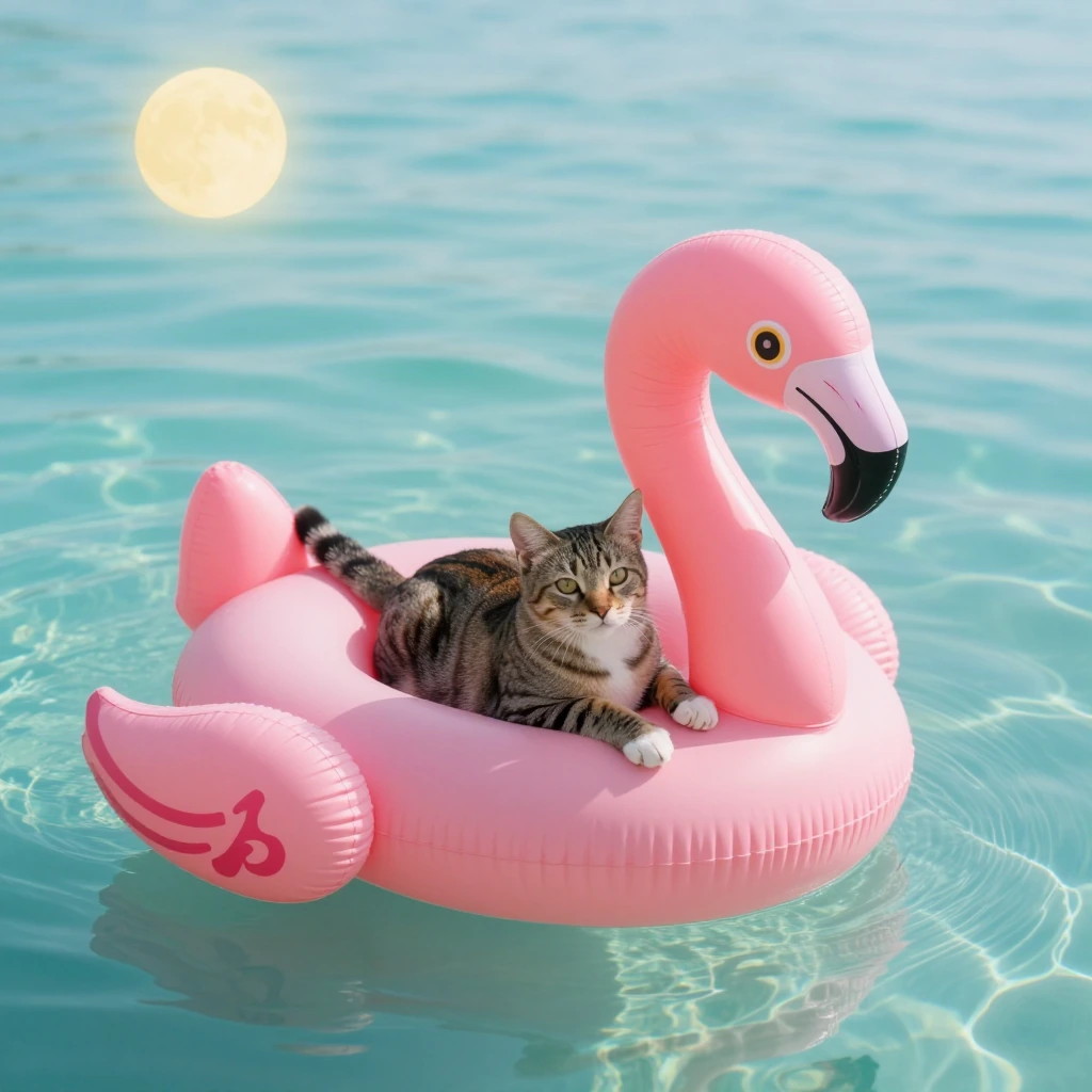 A tabby cat floating on a giant pink flamingo pool float in crystal-clear turquoise ocean water under a melting sun, surreal dreamlike lighting, soft focus