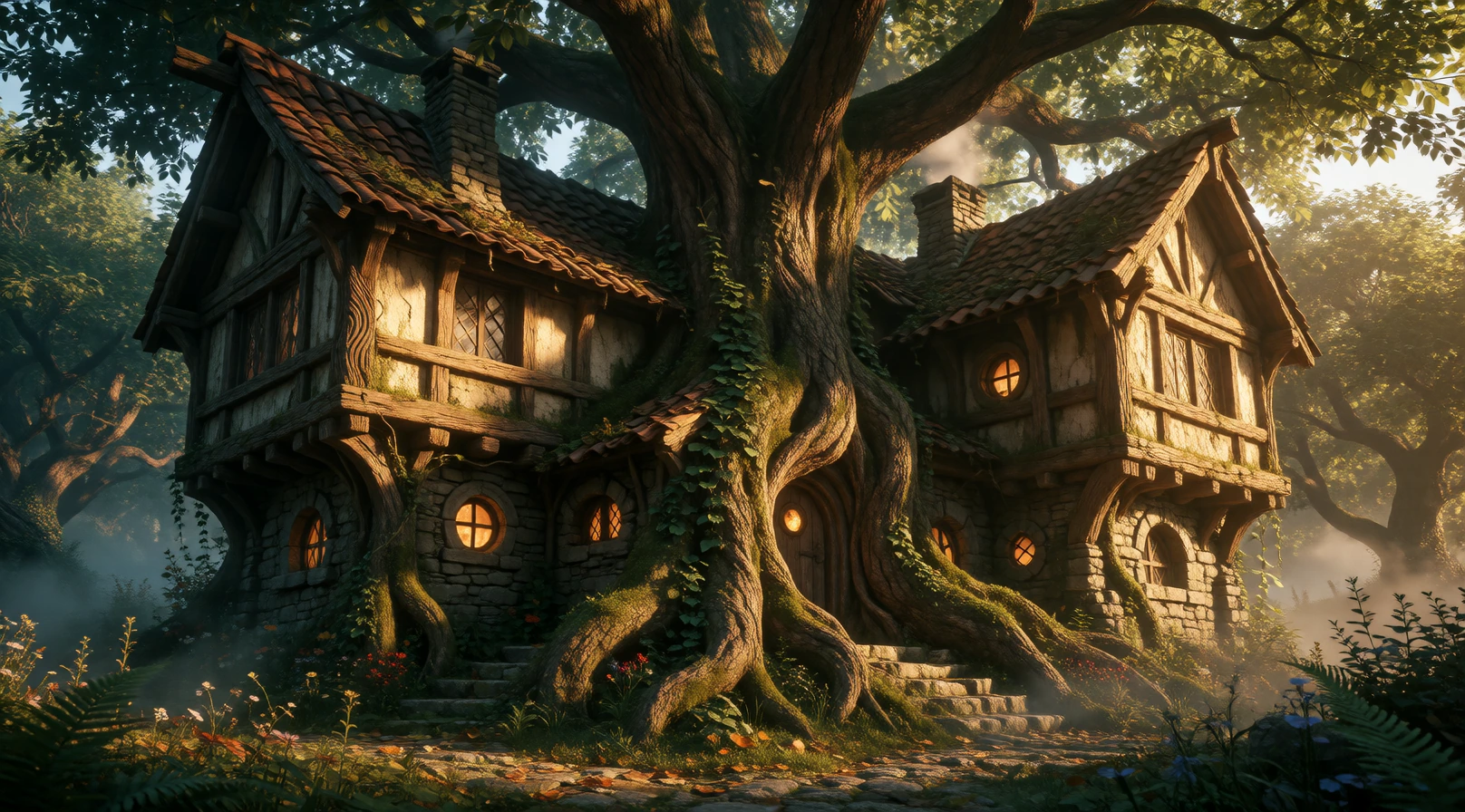Capture an ancient house that has grown organically around a colossal living tree, its massive gnarled trunk erupting through the center of the structure as if the two have fused into one living organism over centuries. Show weathered timber walls an
