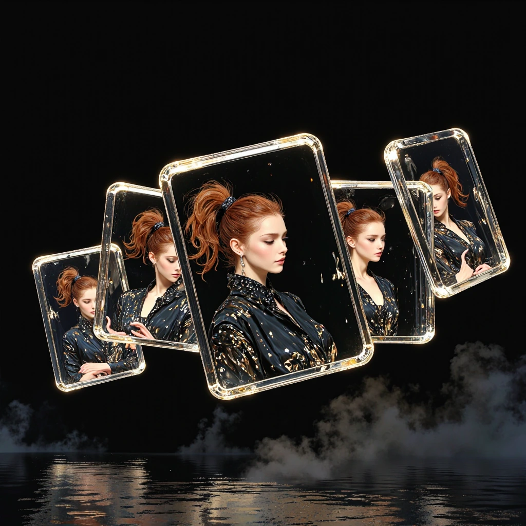 A minimalist design featuring exactly five portrait-oriented cards with a glass-like appearance, suspended against a pitch-black background. The central card is the largest, whilst the other four gradually decrease in size and float diagonally outwar