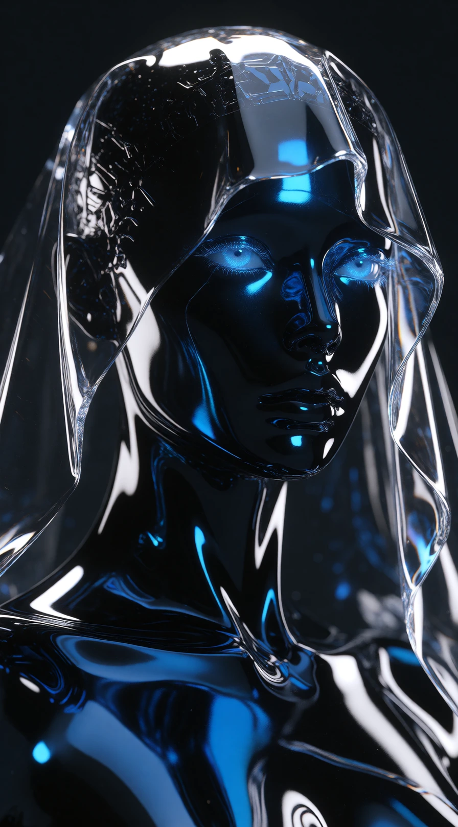 A sleek, sculptural humanoid figure with a mirror-finish surface of deep iridescent blue-black obsidian. The figure features brilliant, glowing cyan eyes and a single, sharp vertical filament of neon-blue light embedded deeply within the throat and c