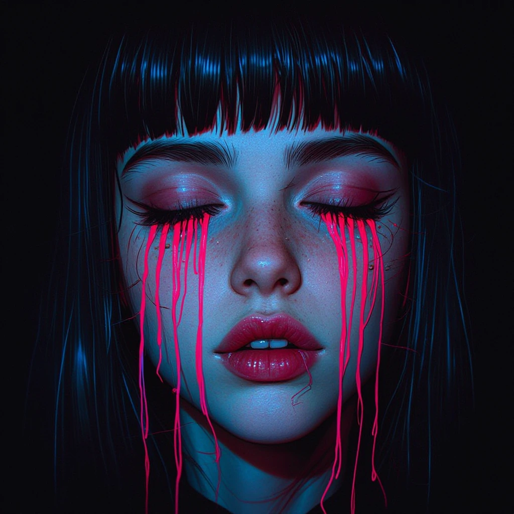 A close-up of a person with one of their eye closed, and vibrant, neon-colored streaks flowing from their eyes down their face. The colors include shades of neon red, pink and blue, creating a striking contrast against the subject's skin tone. The pe