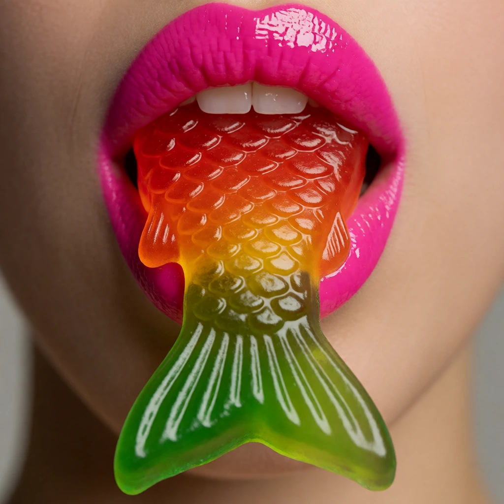 A close-up shot of a person s mouth with glossy pink lips, slightly open to reveal upper front teeth. The person is holding a large, colorful, fish t