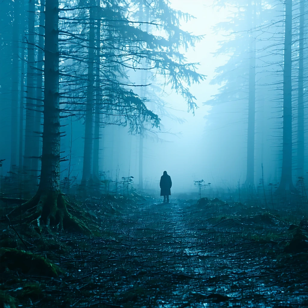 moody atmospheric dreamscape with lone figure in misty forest clearing