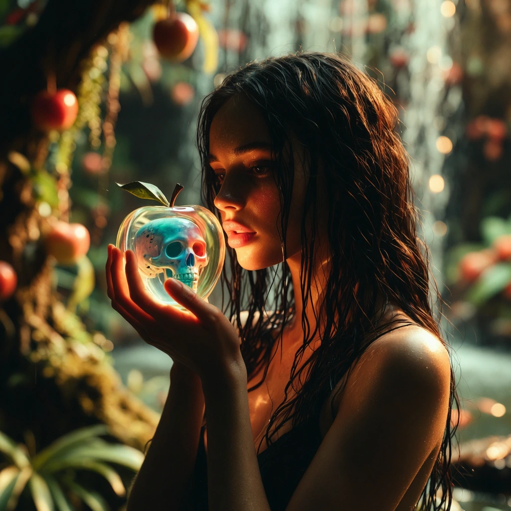 A beautiful dark gothic woman inspired by Eve from the myth of Adam and Eve, holding a shiny 3D apple-shaped fruit close to her face; the fruit is translucent with a blue, white and red skull inside, rendered in a hyper-detailed editorial photographi