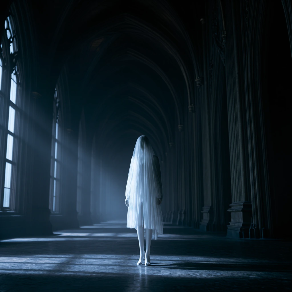 a solitary figure floating like a translucent ghost in front of a vast gothic castle, their form barely corporeal and ethereal, pale and luminous against dark stone architecture, liminal empty corridors visible through arched windows, heavy shadows a