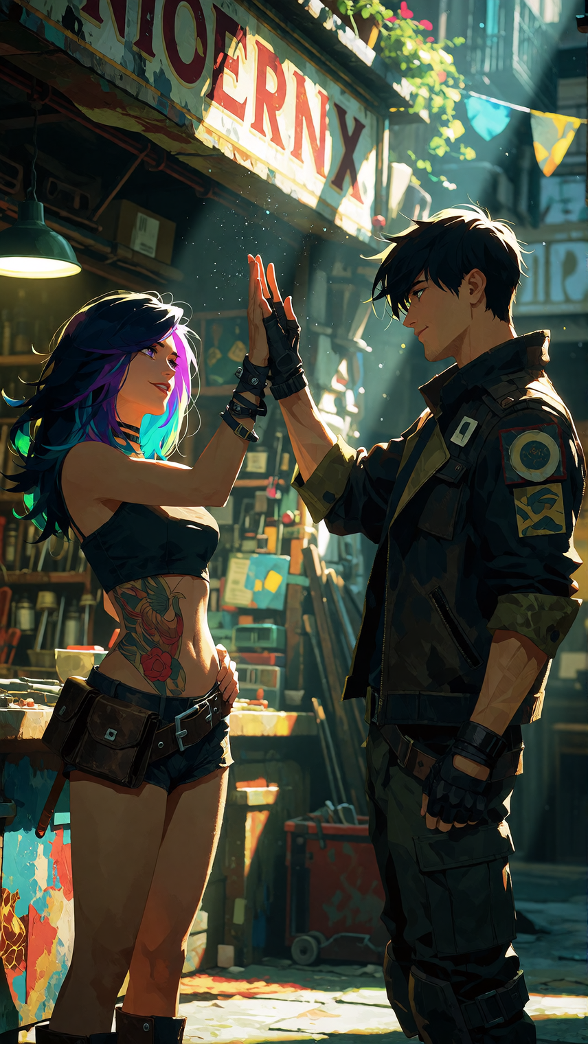 Masterpiece, best quality, ultra-detailed 8K cinematic semi-realistic anime. Phoenix Motorworks shop closed, after hours. Rory Phoenix and Brandon hig