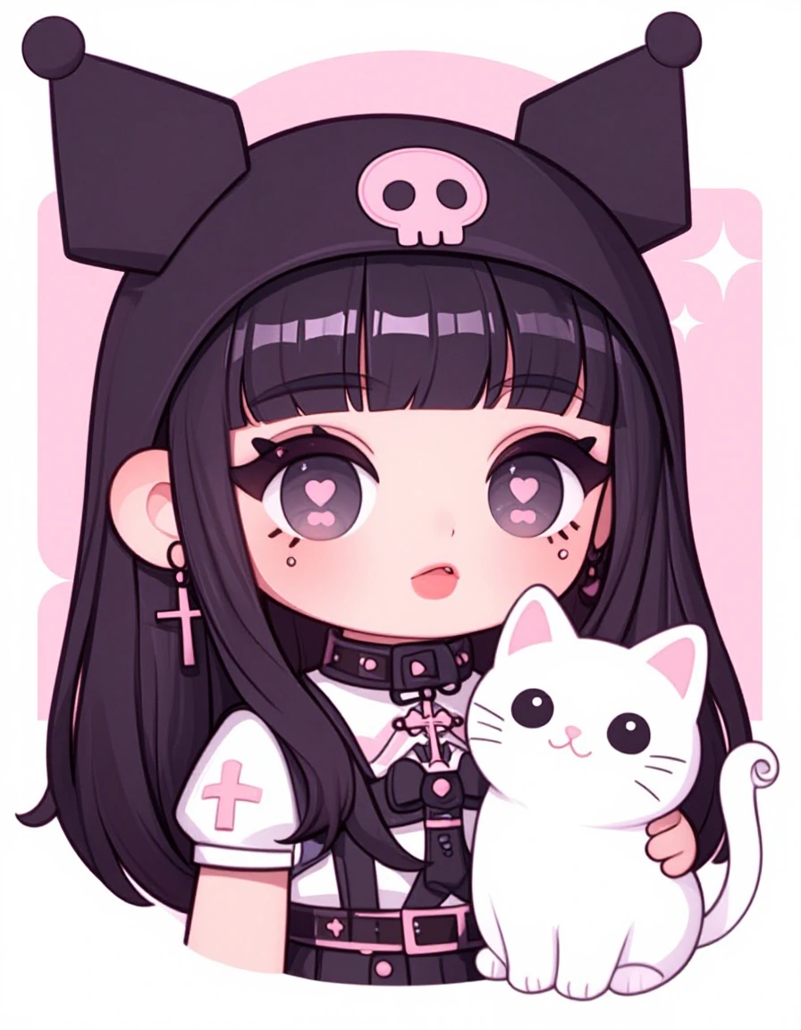 Cute chibi girl, with her cat, cute skull, designs, manga art style , pastel background