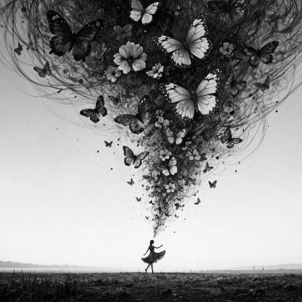 chaos, elegant, atmospheric, a girl, elegant, butterflies, flowers blooming, in motion, dramatic, full body, organic composition, (masterpiece), sketch artstyle, graycale, monochrome,