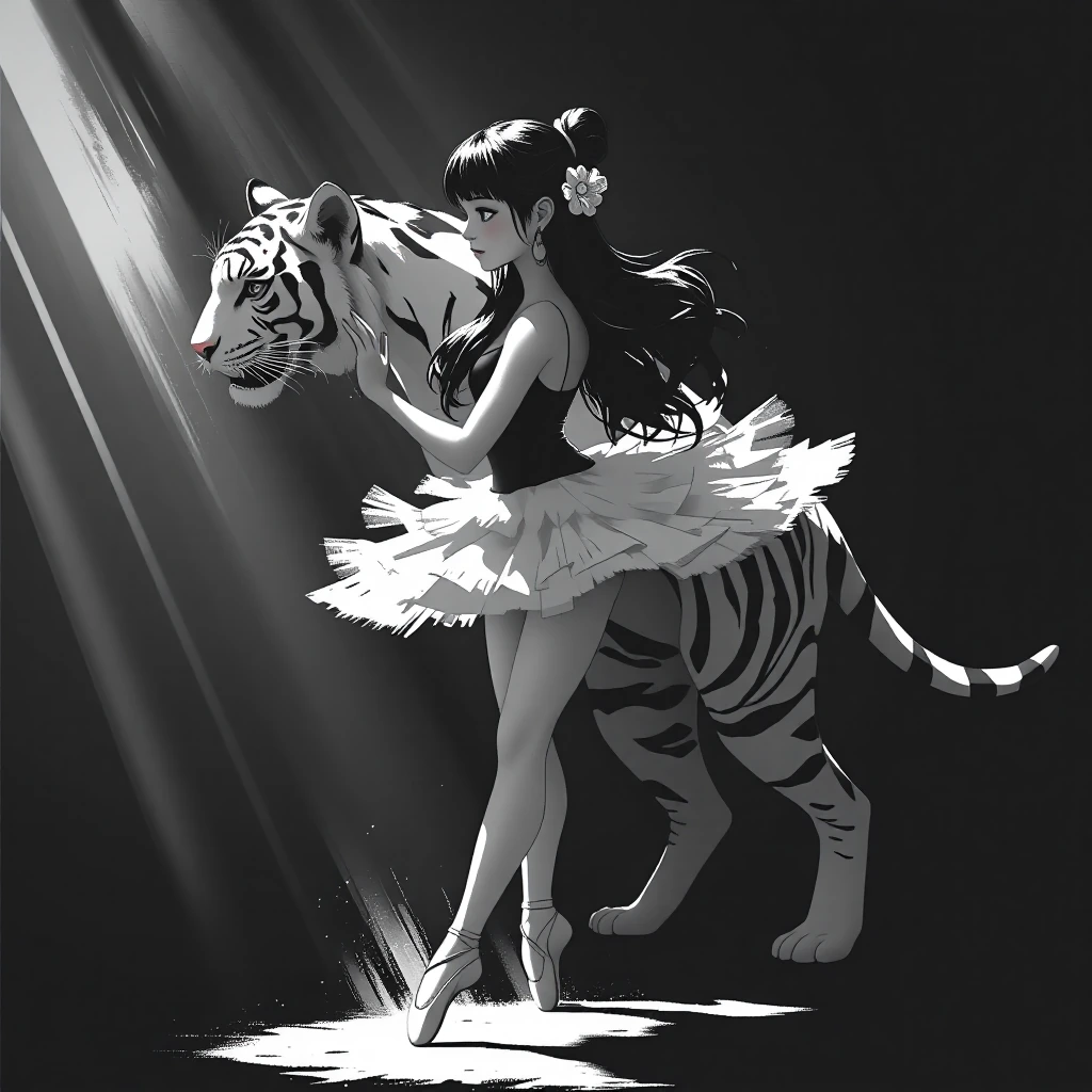 1girl, tiger, white tiger, long hair, black hair, hair bun, bangs, hair flower, earrings, dark eyes, blush, asian, 1woman, solo, ballerina, ballet dan