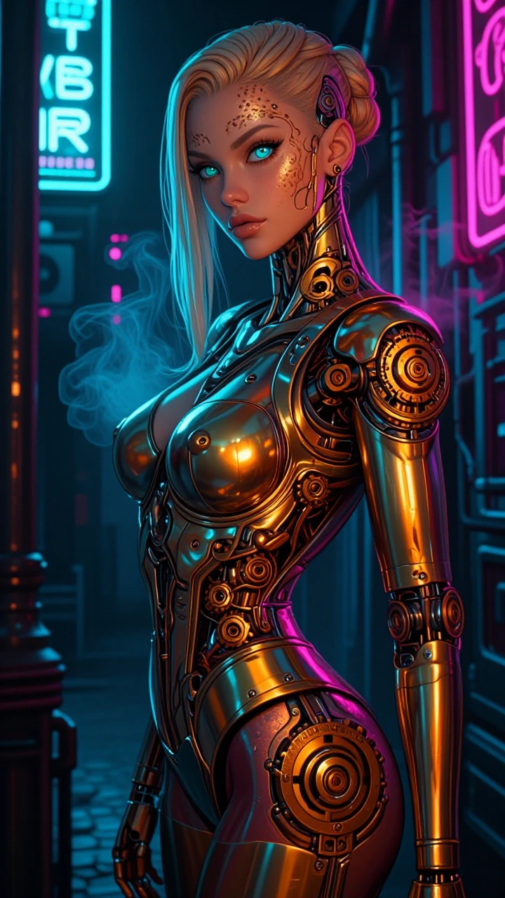 A hyper‑real female humanoid hybrid stands in a neon‑soaked alley at night, her body a seamless fusion of living machinery and warm fantasy brass. Ultra‑detailed textures: flexible mechanical skin with pores, brass musculature that moves like real mu