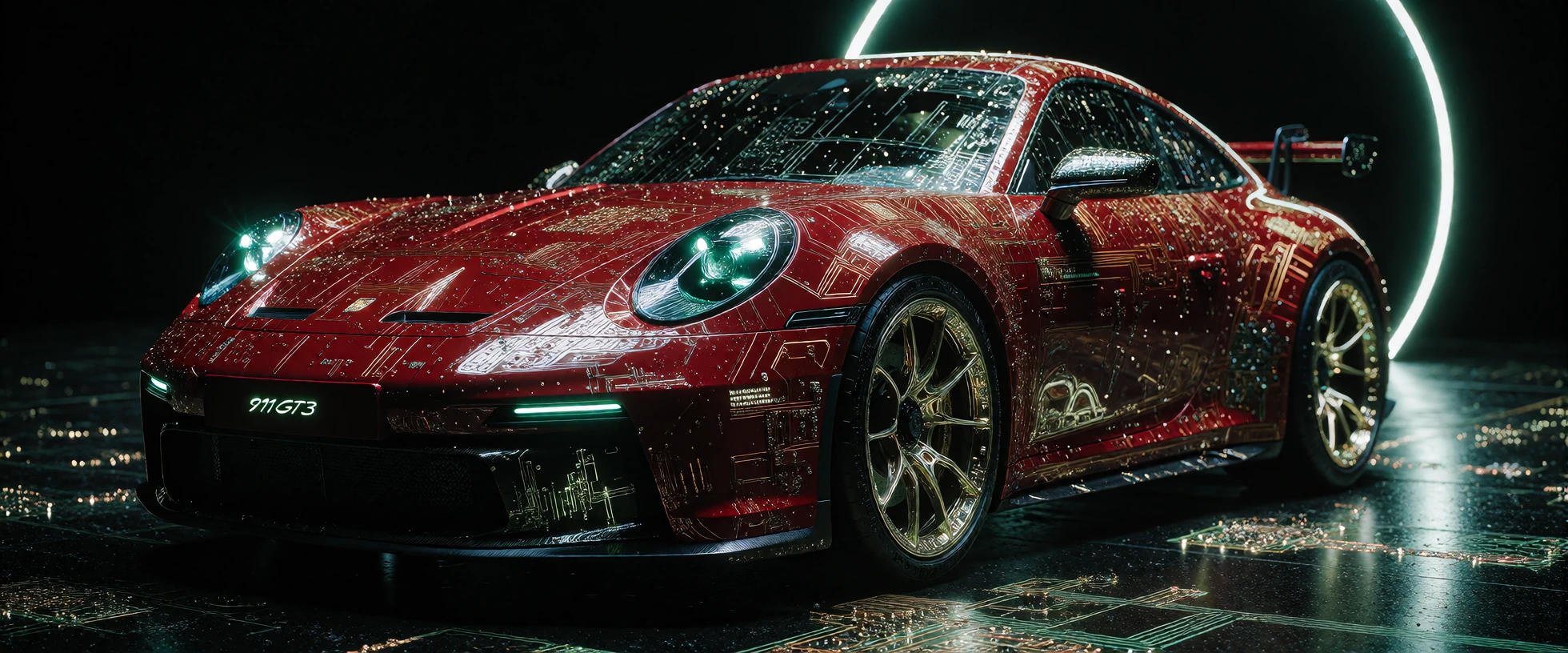 ​A detailed, full-body portrait photograph of a Porsche 911 GT3 (992 generation), rendered in a flawless, ultra-high-gloss deep candy apple red lacque