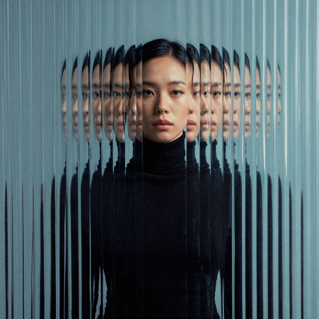 head-to-waist portrait of an Asian woman wearing a black turtleneck, subject centered, photographed entirely through vertically thick ribbed (reeded) glass, full-frame optical distortion dominating the image, textured acrylic glass in the foreground,