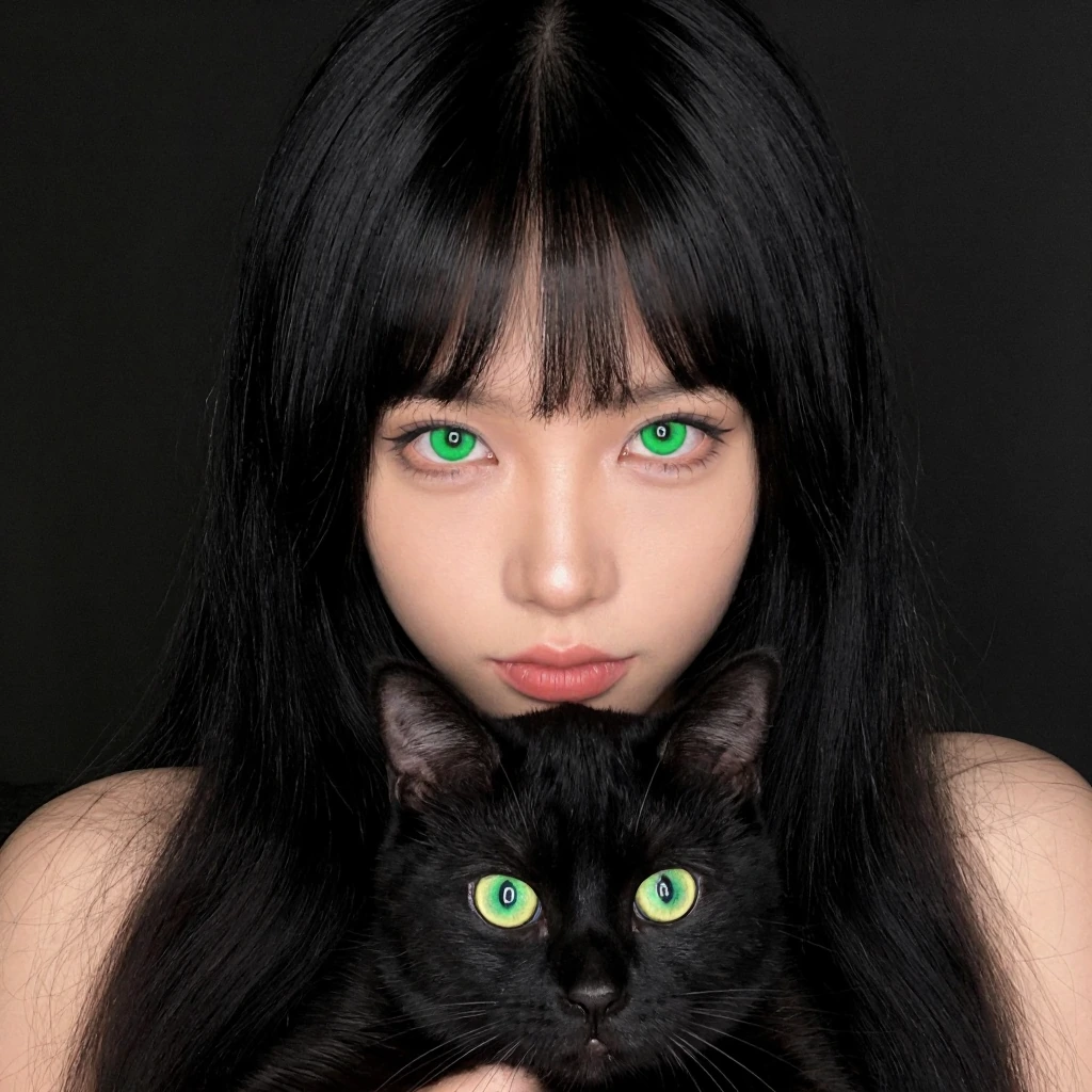 Woman, long black hair with bangs and bright green eyes, with a black cat with bright green eyes, dark background