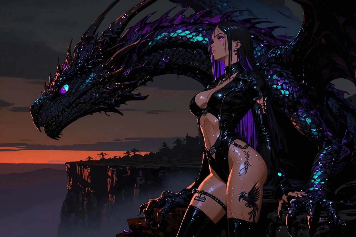 Masterpiece, best quality, ultradetailed 8K cinematic semirealistic anime, highly detailed glossy wetlooking skin with intense specular highlights and subsurface scattering, sharp material rendering, dramatic cinematic lighting, rich color grading, p