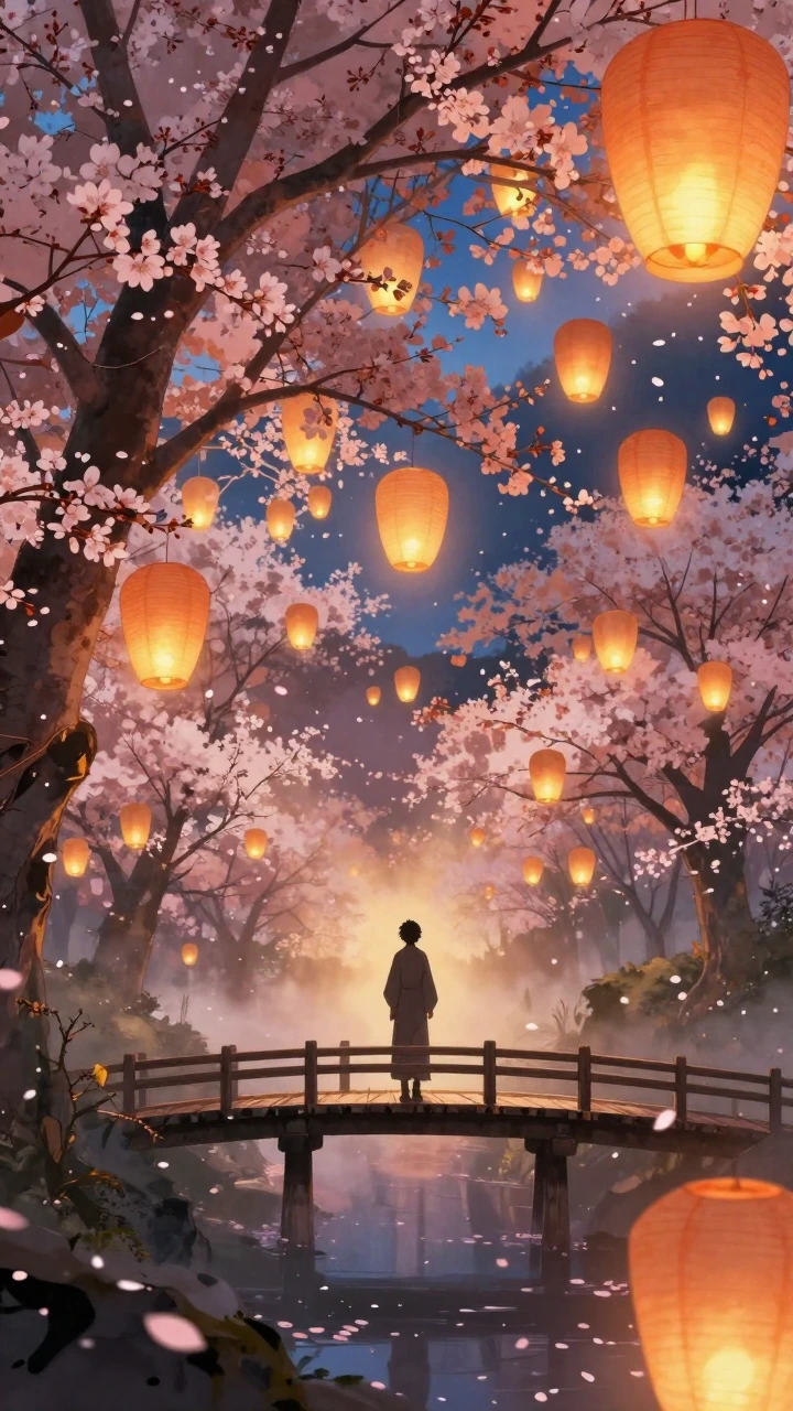 Cinematic anime landscape: thousands of paper lanterns drifting upward through ancient cherry blossoms at dusk, their warm amber glow pooling through falling petals and mist. A lone wanderer silhouetted on a weathered wooden bridge, motionless, watch