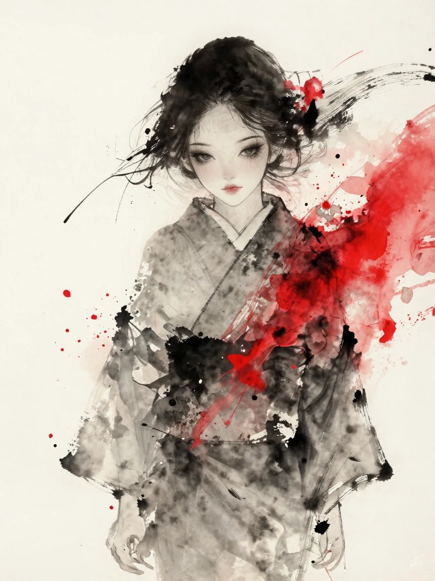 Stunningly beautiful woman in a kimono captured in Monochromatic Ink Splash Expressionism, featuring bold, dynamic brushstrokes and splatters. Explore