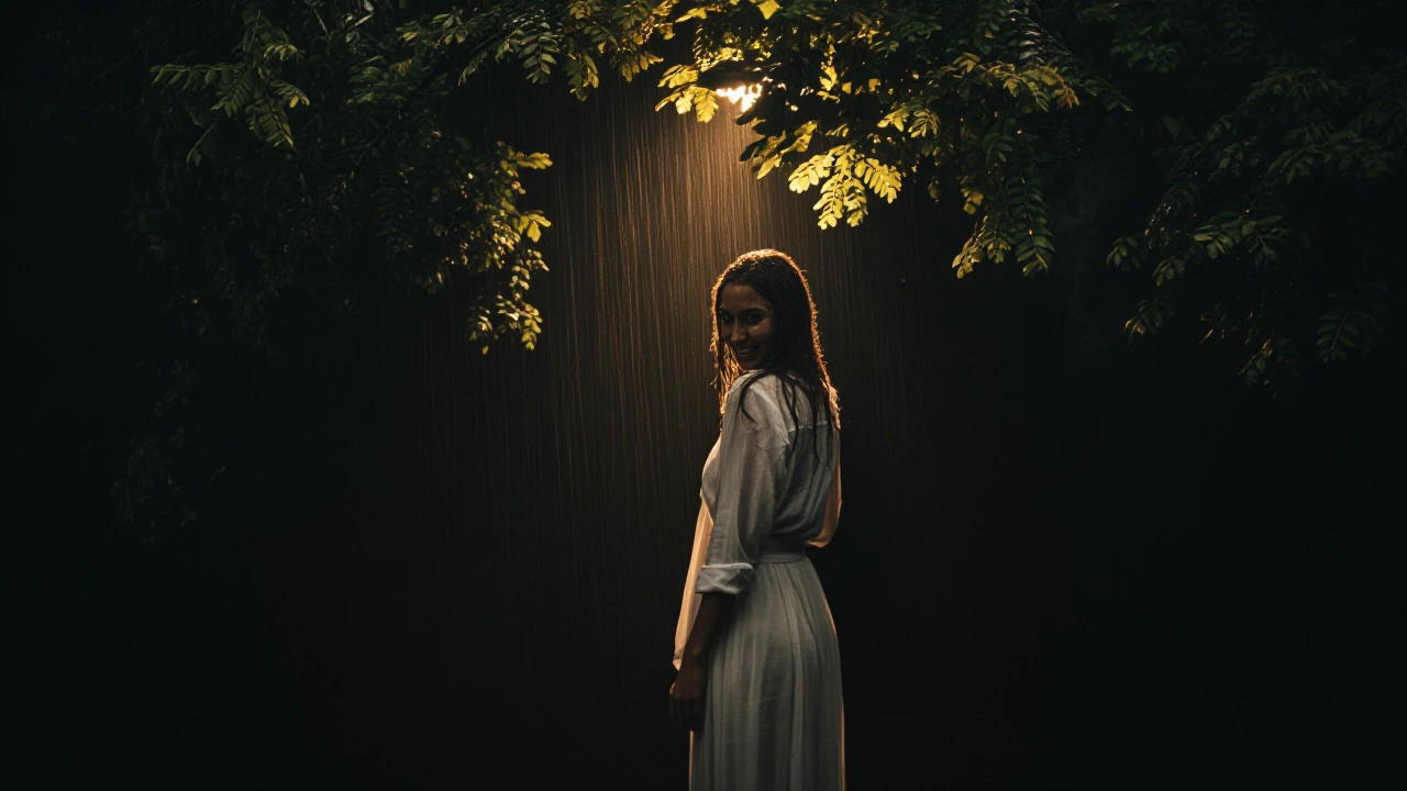 Warm golden light breaks through a gentle rain shower in the woods. She stands beneath a canopy of leaves, wearing a translucent white blouse clinging