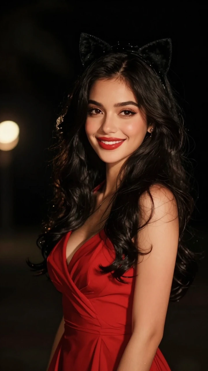 A stunningly beautiful latina woman with lustrous long, wavy black hair, expressive eyes, and full crimson lips. She wears a stunning red cocktail dre