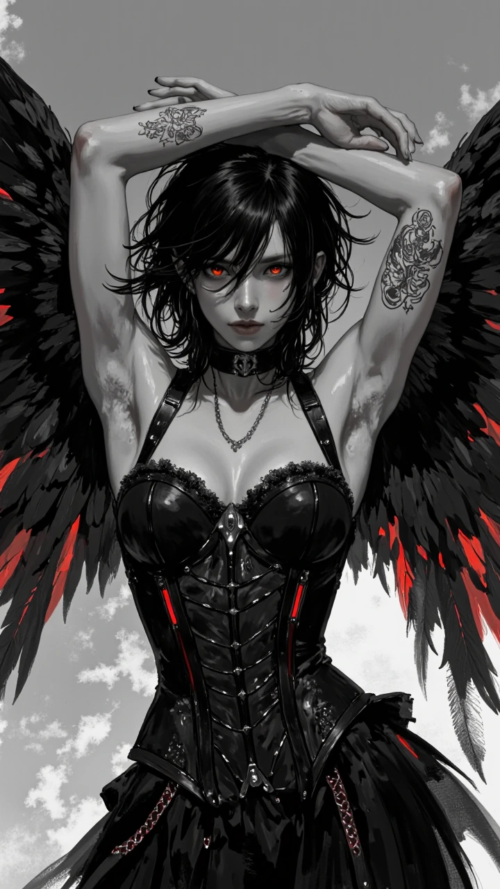 Gothic fantasy character portrait, androgynous dark-haired figure with messy windswept hair partially covering the face, intense glowing red eyes, arms raised in a dramatic pose revealing a detailed tattoo on the right arm, wearing a black form-fitti