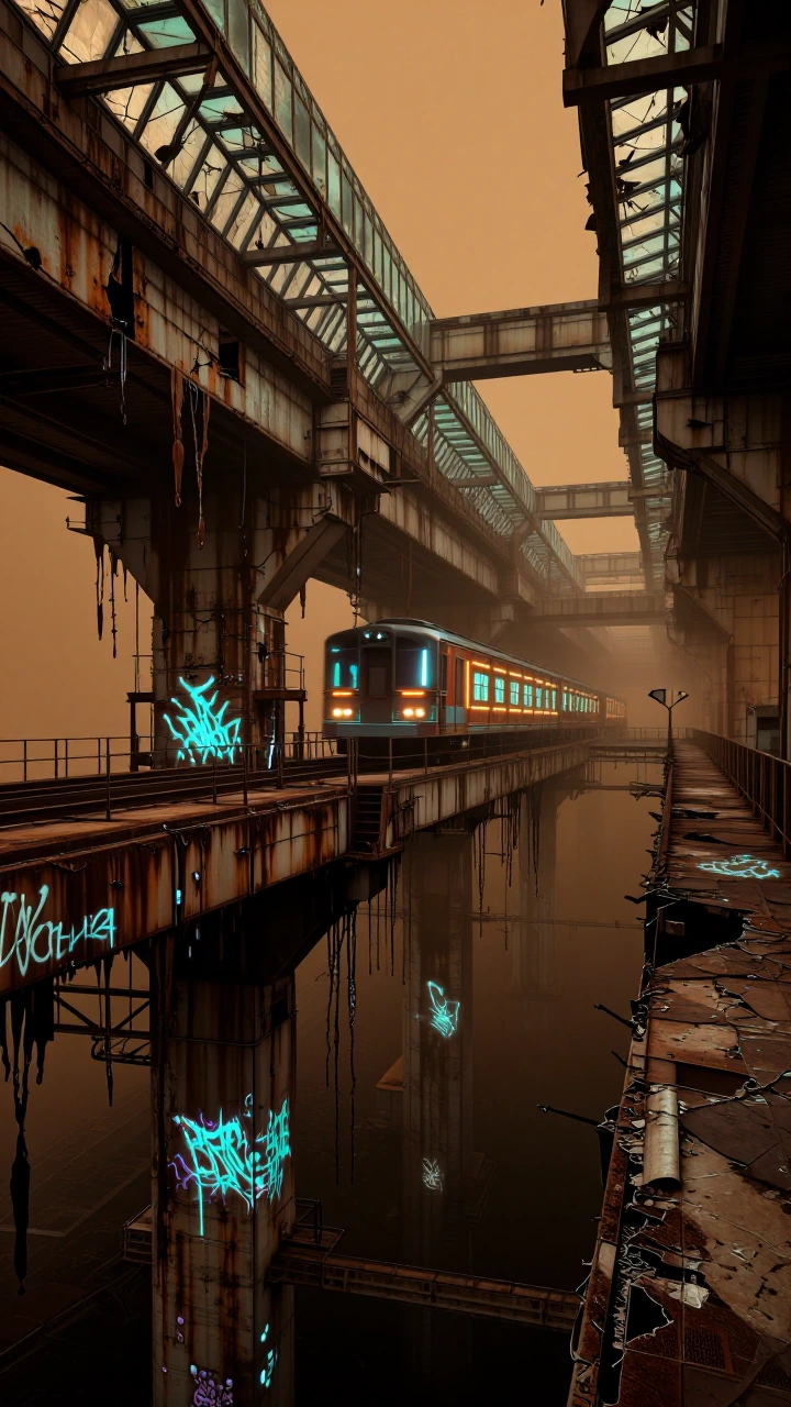 Abandoned elevated transit hub suspended between collapsing megastructures, rust-bleeding platforms melting into each other, phosphorescent graffiti flickering across cracked concrete, toxic amber fog pressing against shattered glass canopies, a sing