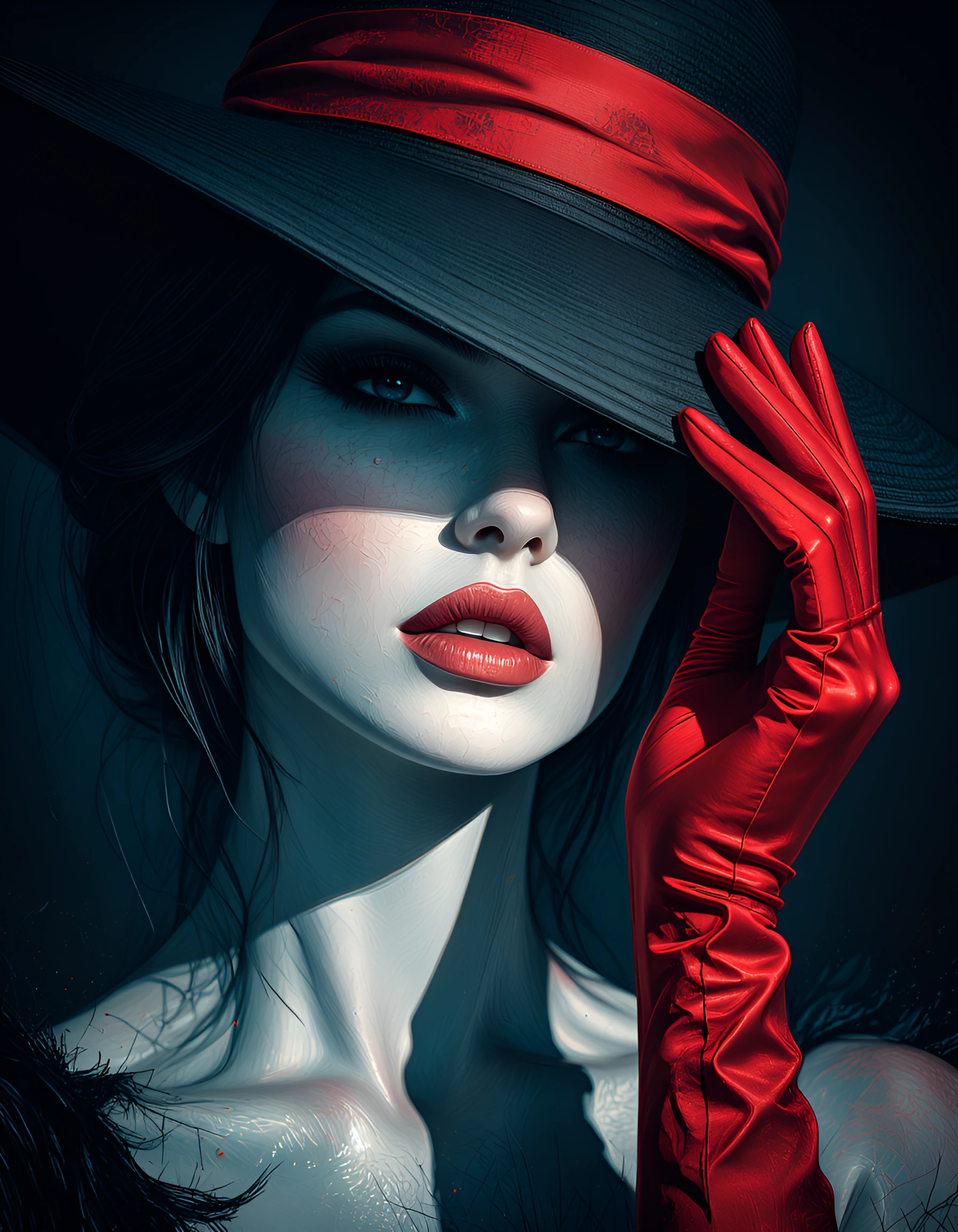 A digital art portrait with an ethereal quality depicting a mysterious and elegant woman. Her skin is smooth, metallic with a silvery white hue. She wears a wide-brimmed black hat with a bright red ribbon, which partially covers her face. Her eyes ar