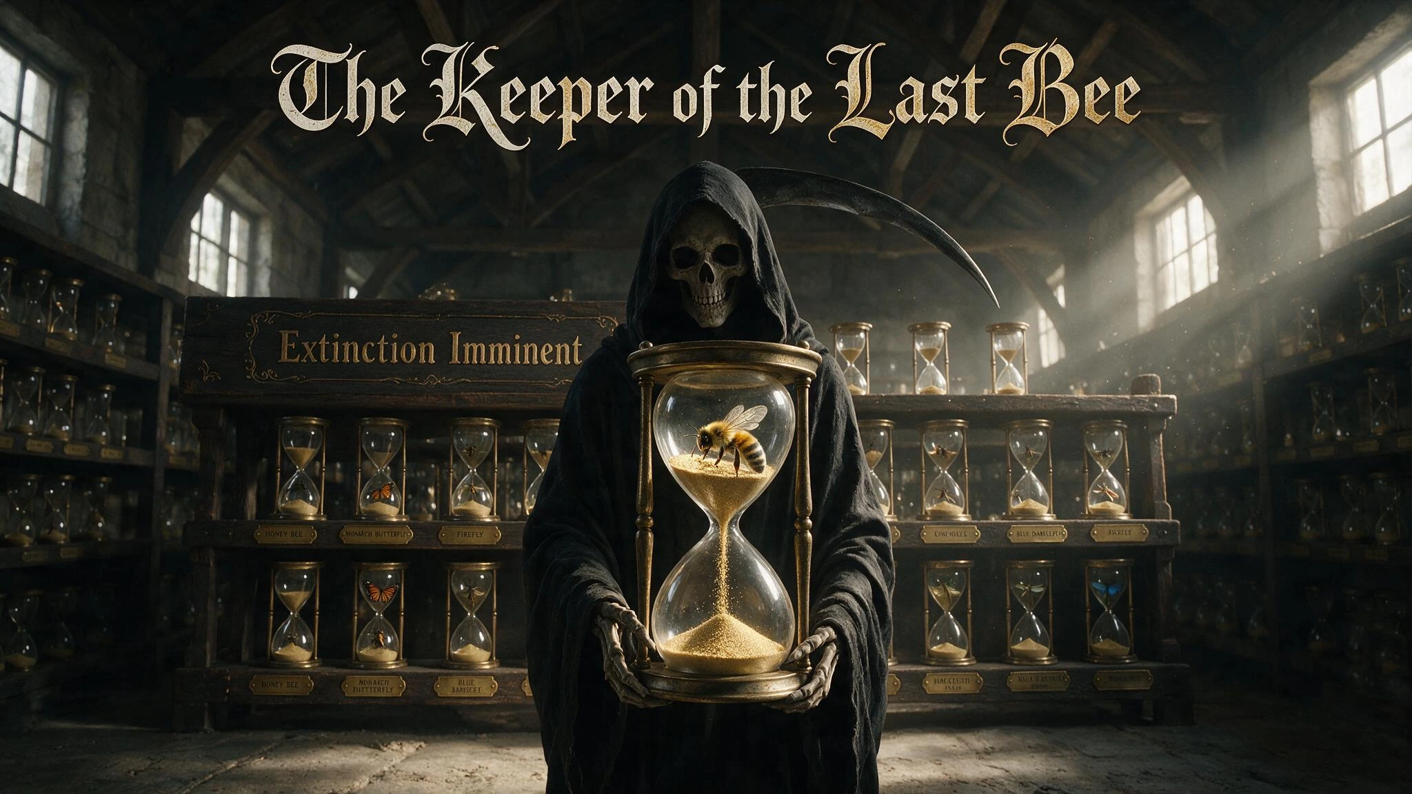the keeper of the very last bee; The Grim Reaper holds a hourglass by the base. The hourglass contains the last bee in the world, the bee is in the upper chamber of the hourglass, most of the sand is in the bottom chamber, a little sand remains in th