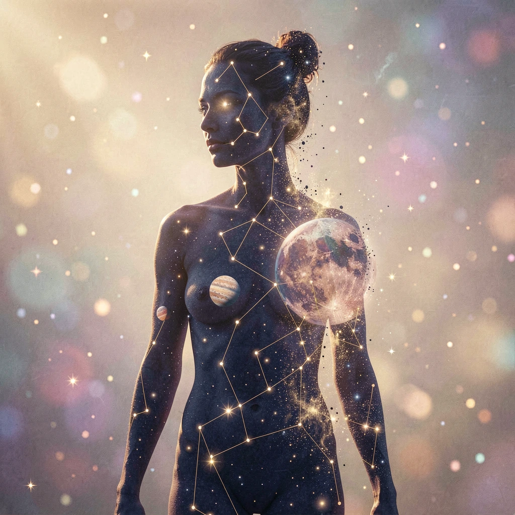 A hauntingly beautiful figure in the liminal moment of transformation, their physical form dissolving and fragmenting into countless luminous stars an