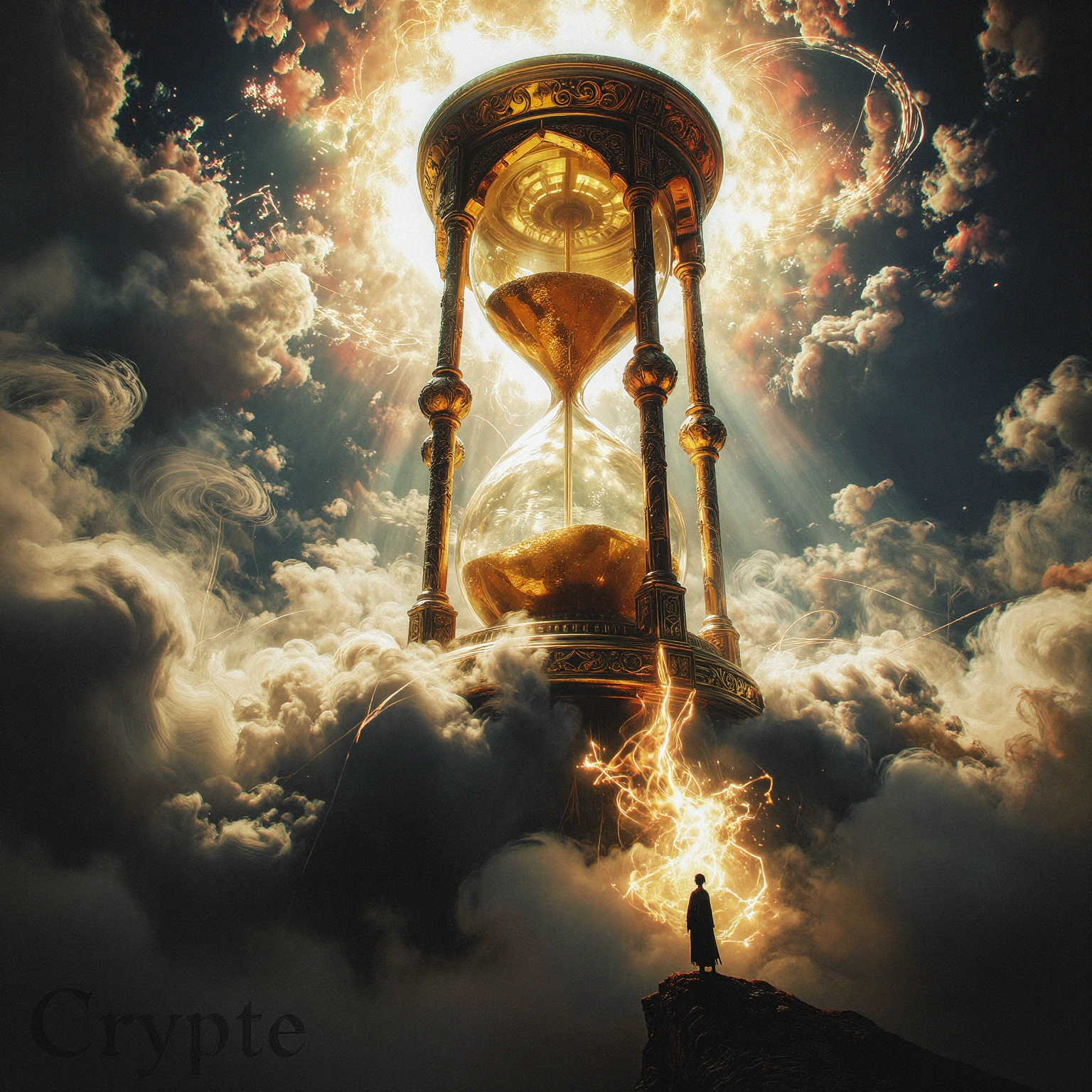 A cinematic wide-angle photograph depicting a colossal, richly ornamented golden hourglass, rising above a vast sea of turbulent cumulonimbus clouds, streaked with light and shadow. The structure of the hourglass consists of ancient, finely carved st