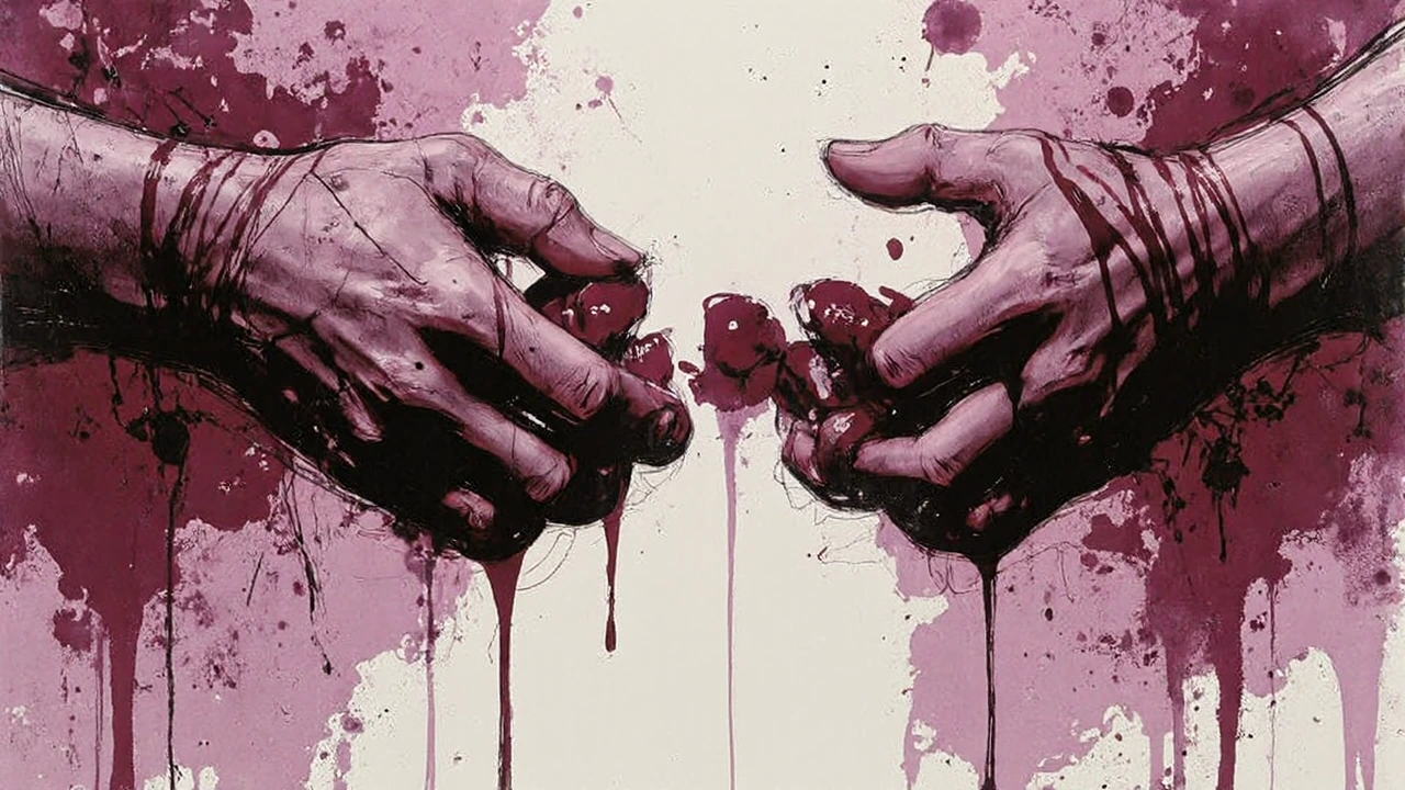 Cinematic keyframe: distorted organic fragments—half-formed hands, lips, skin—suspended in a decaying void, reaching but never touching. Deep crimsons bleed into bruised purples and inky blacks. Raw scratched surfaces, layered textures from decalcoma