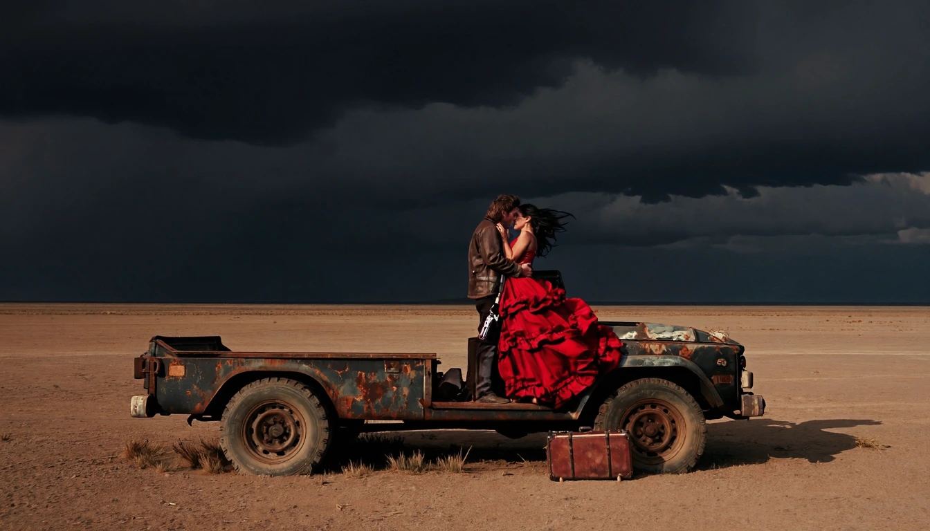 # Desert Romance A couple stands intimately on a weathered, rust-corroded truck bed in an expansive wasteland. The woman wears a striking crimson gown with voluminous ruffled layers, her hair windswept. The man is dressed in a worn brown leather jack