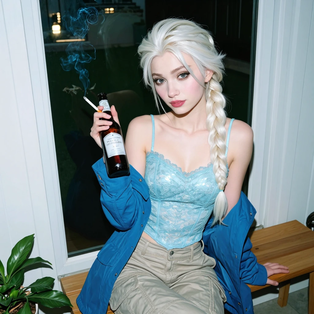 Amateur flash photography, raw snapshot aesthetic, slightly high-angle shot. Elsa Frozen, blue lace top, blue jacket, cargo pants, White braid hairs. She is holding a brown glass beer bottle in one hand. There's a smoking cigarette in his hand. She's