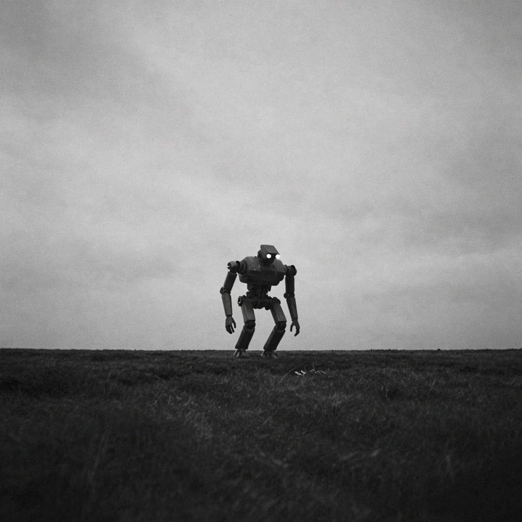 Minimalist black and white photograph, vast empty moorland, flat horizon, no visible vegetation detail. A colossal extraterrestrial robot, unimaginabl