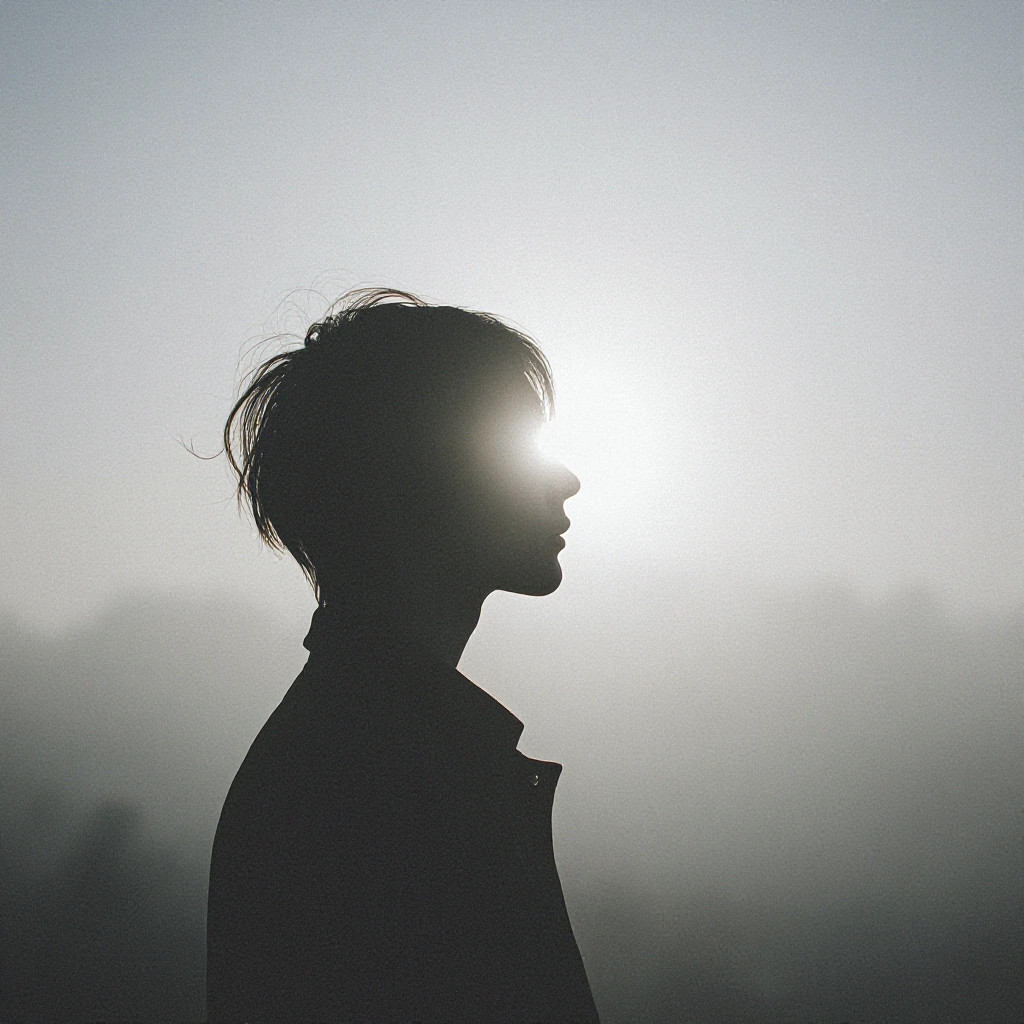ethereal portrait of solitary figure gazing at distant light through mist