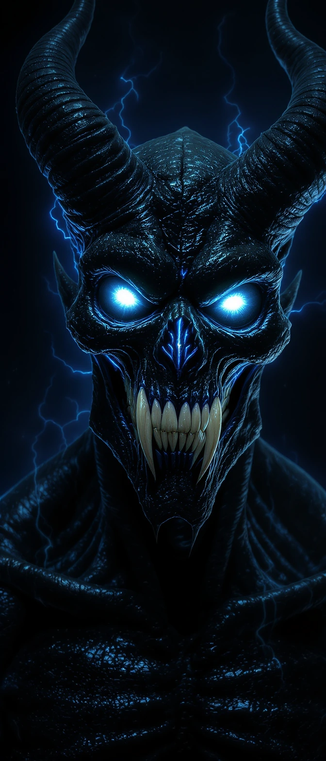The primeval Arch-Demon's obsidian skin is cracked and glistening like wet volcanic rock, tightly pulled over a gaunt skull structure. Its hollow, lig