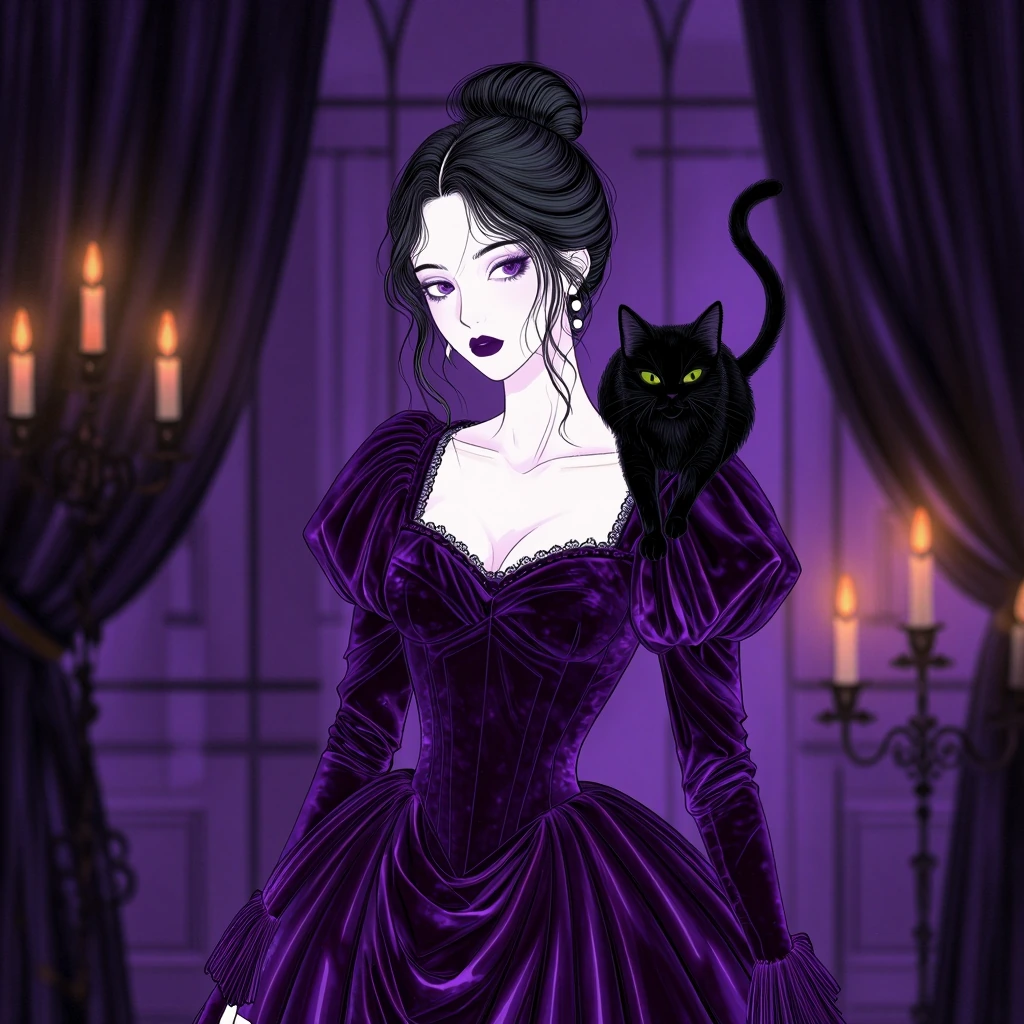 Ink outlined illustration of a woman in a gothic candlelit room, black cat perched on her shoulder, wearing a velvet Victorian dress, moody shadows and deep purples