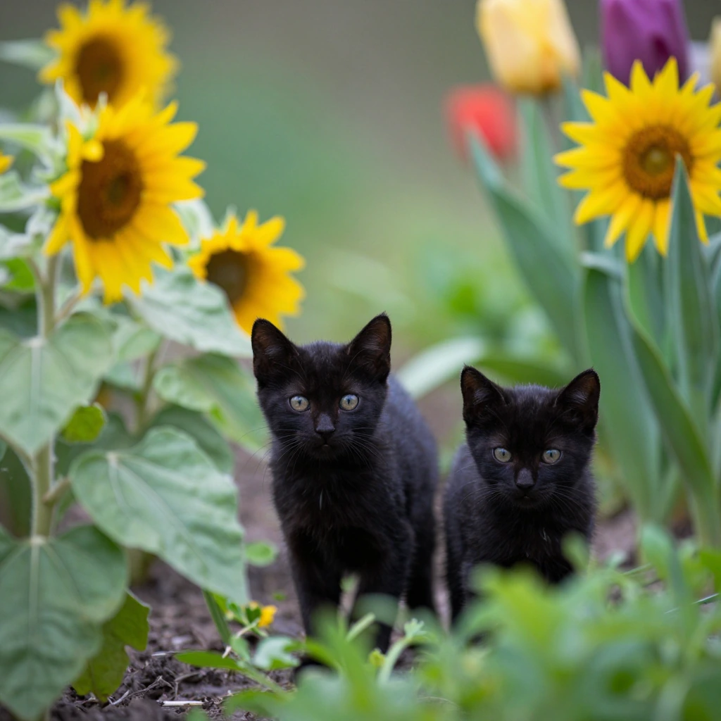 Black kittens playing peek-a-boo through colorful garden plants with sunflowers, tulips, and green leaves, shot with slight motion blur and natural outdoor lighting
