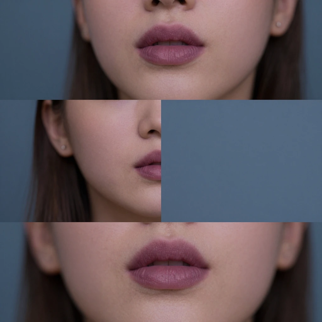 flat muted color pallet, woman muted purple lipstick with muave backdrop, minimal stylish, cinematic split screen collage style.