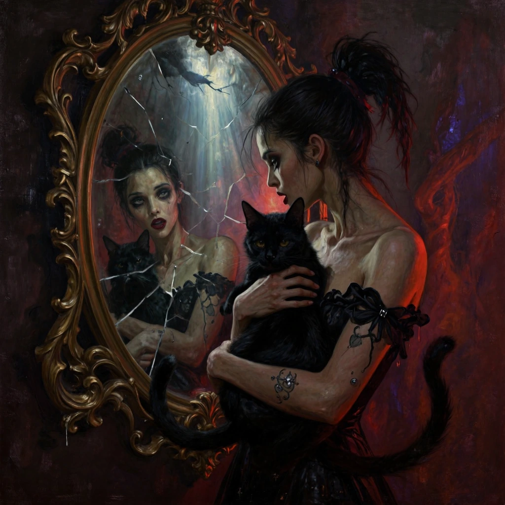 Le miroir est une faille, et le chaos, mon domaine. Dans le reflet brisé, Tristana avec son chat noir qu'elle tient dans ses bras ne contemple plus so